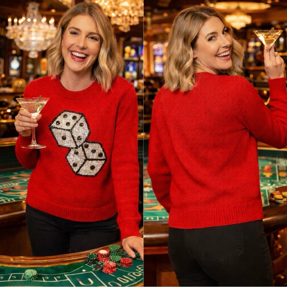 KATE SPADE NEW YORK RED SEQUIN LUCKY DICE SWEATER CASINO VEGAS GLAM LUXURY XL - Picture 2 of 9
